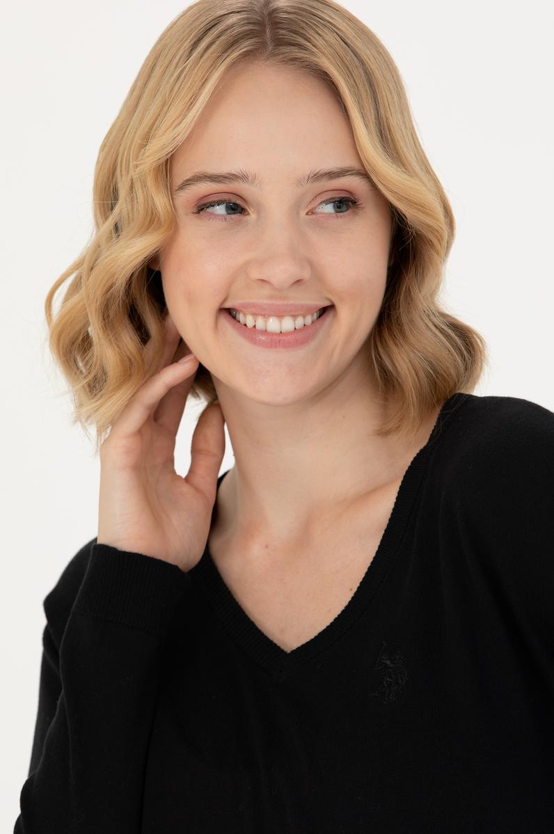 Kadın Siyah V Yaka Basic Kazak