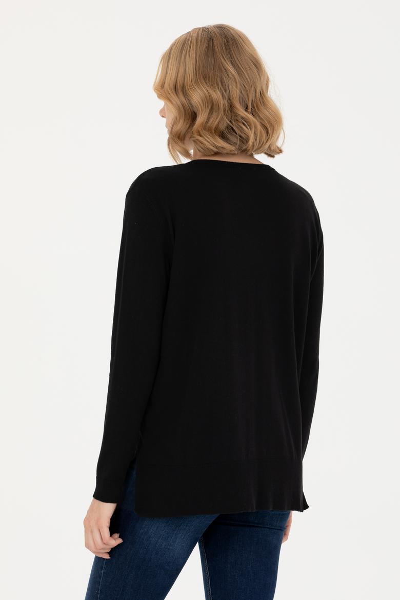 Kadın Siyah V Yaka Basic Kazak - 50269016026