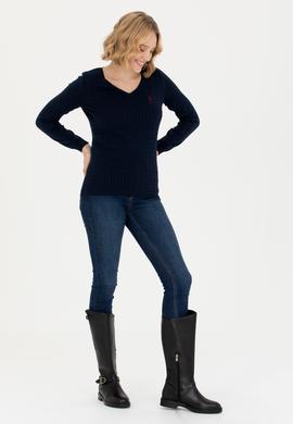 Kadın Lacivert V Yaka Basic Kazak - 50269017005