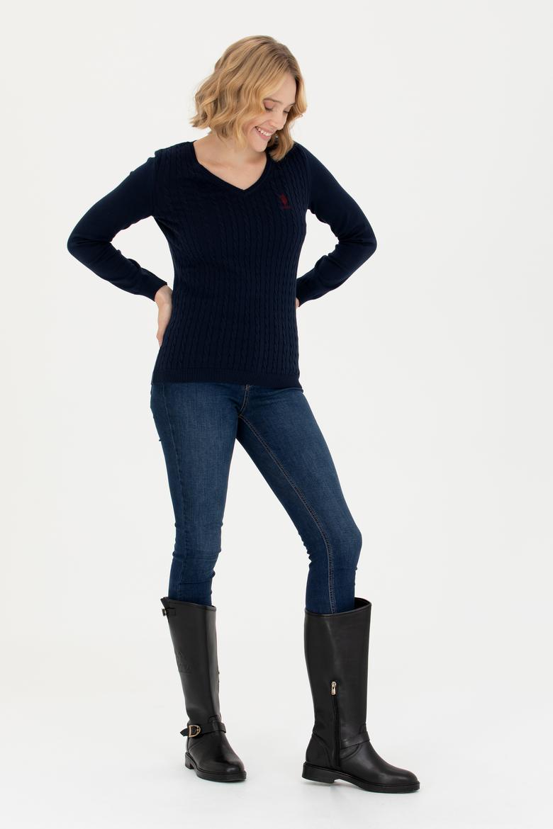 Kadın Lacivert V Yaka Basic Kazak - 50269017005