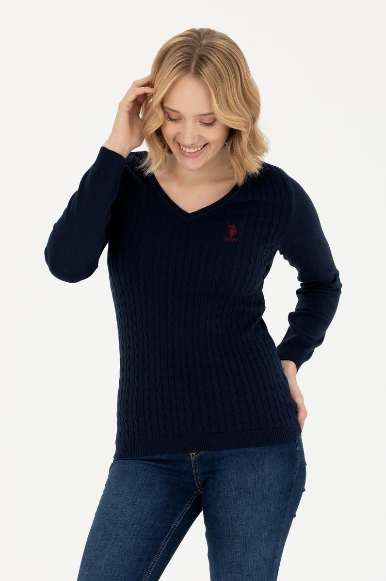 Kadın Lacivert V Yaka Basic Kazak
