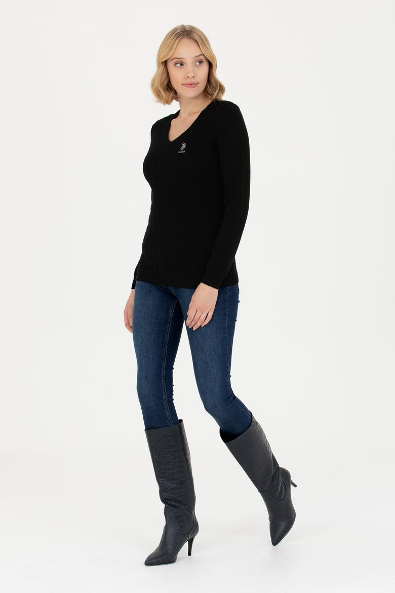 Kadın Siyah V Yaka Basic Kazak - 50269017026