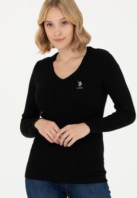 Kadın Siyah V Yaka Basic Kazak - 50269017026