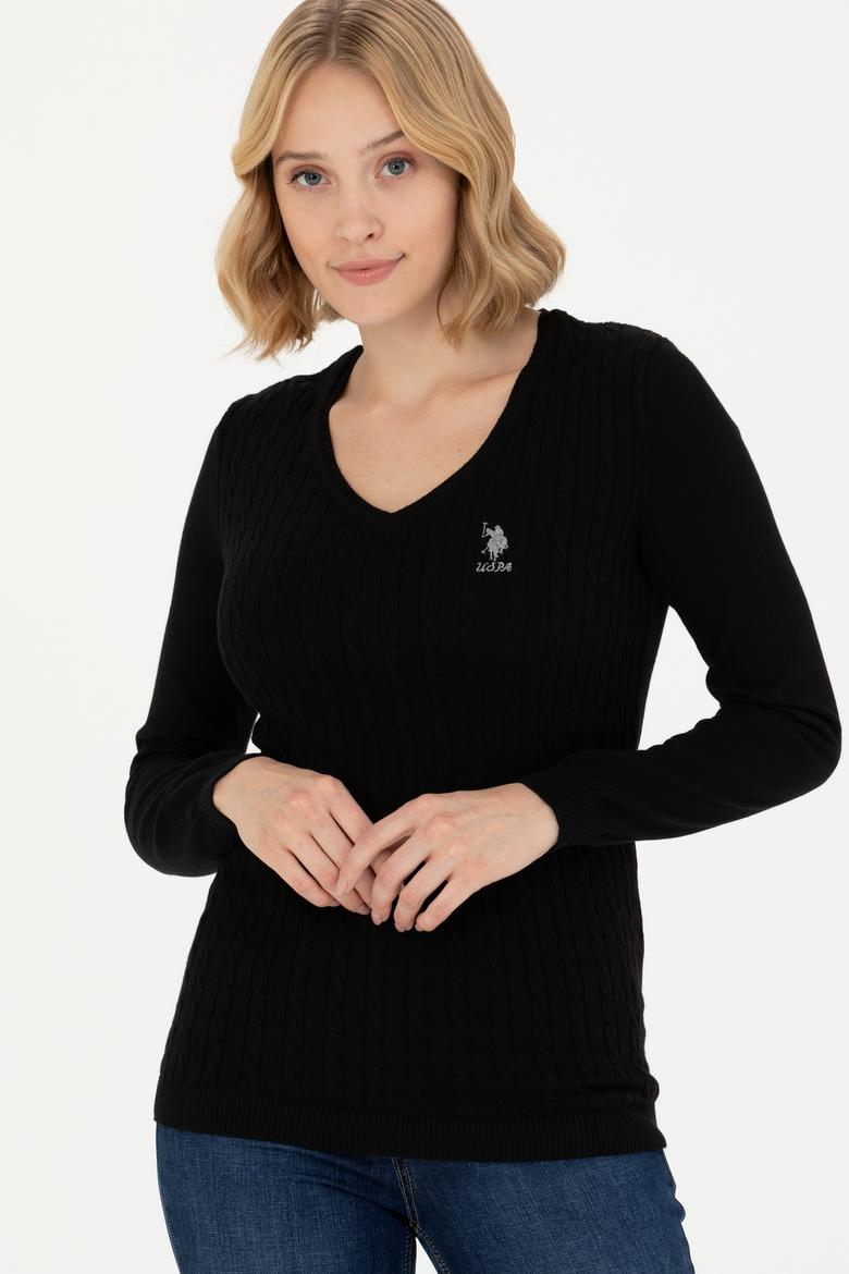 Kadın Siyah V Yaka Basic Kazak - 50269017026