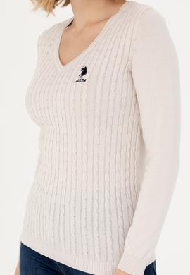 Kadın Krem V Yaka Basic Kazak - 50269017033