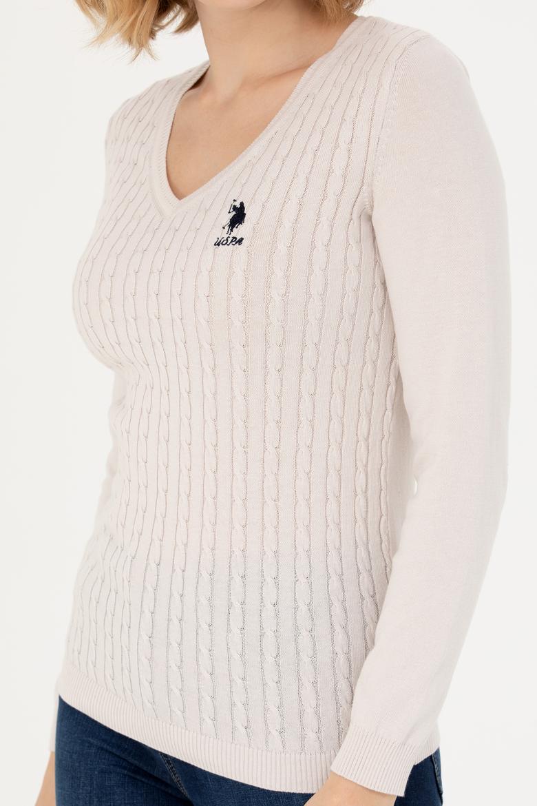 Kadın Krem V Yaka Basic Kazak - 50269017033