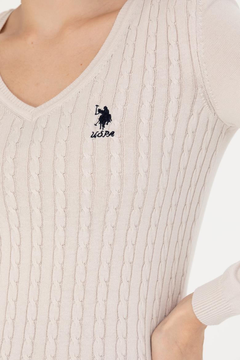 Kadın Krem V Yaka Basic Kazak - 50269017033