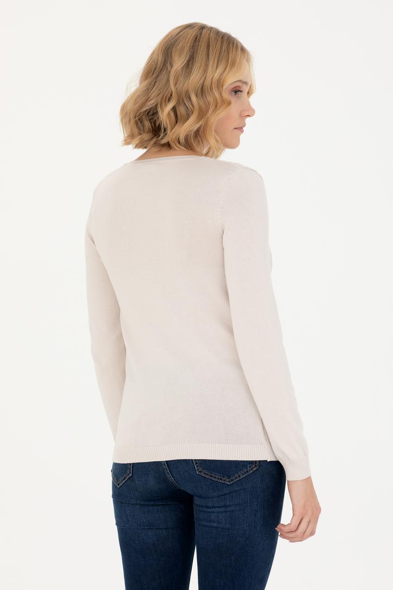 Kadın Krem V Yaka Basic Kazak - 50269017033
