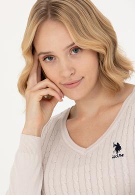 Kadın Krem V Yaka Basic Kazak - 50269017033