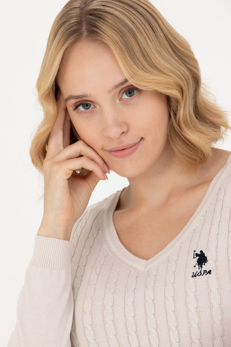Kadın Krem V Yaka Basic Kazak - 50269017033