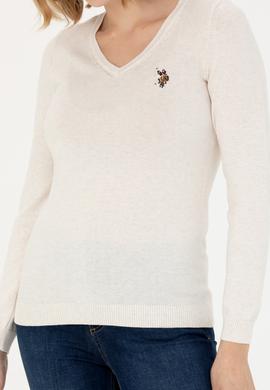 Kadın Krem Melanj V Yaka Basic Kazak - 50269018040