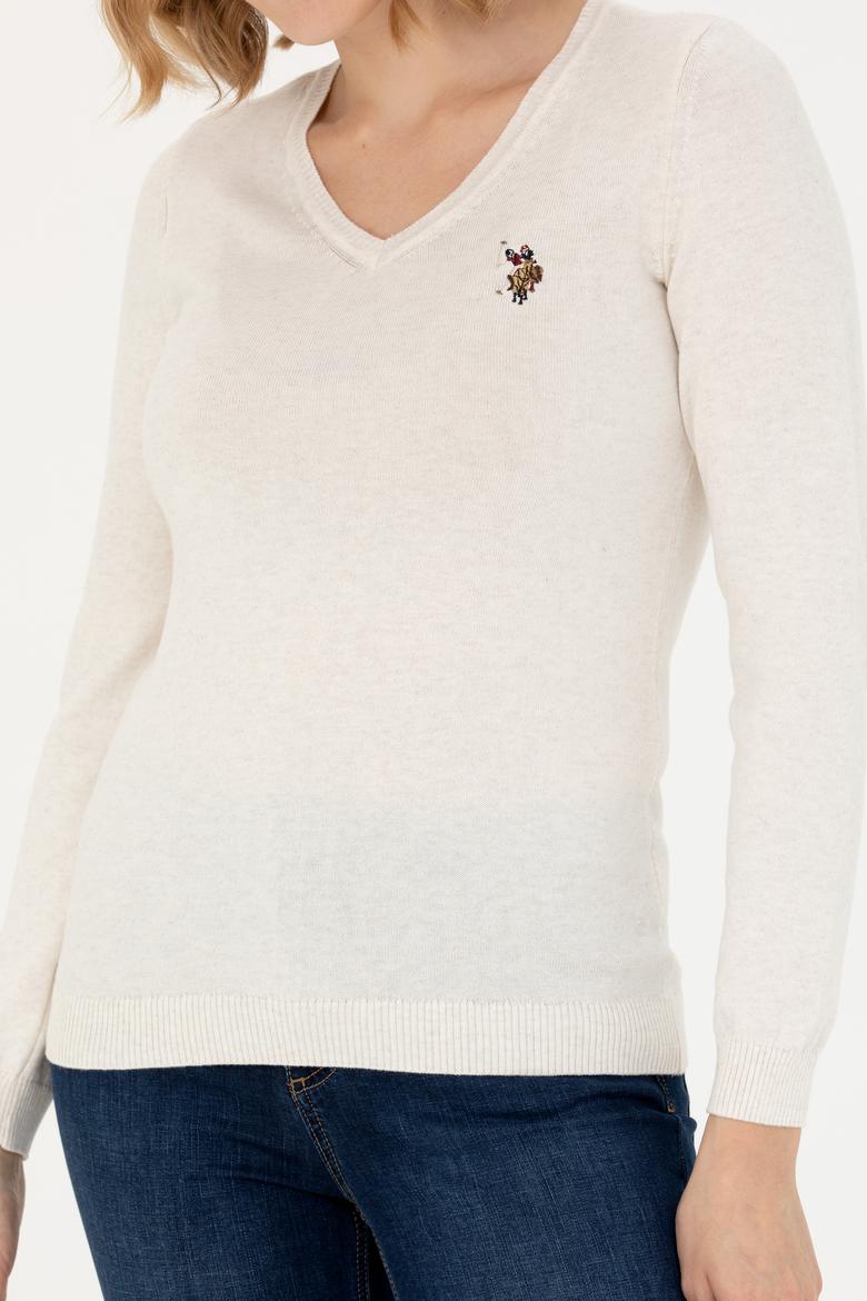 Kadın Krem Melanj V Yaka Basic Kazak - 50269018040