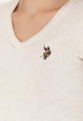 Kadın Krem Melanj V Yaka Basic Kazak - 50269018040