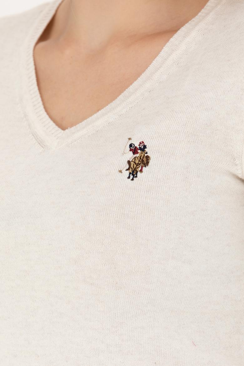 Kadın Krem Melanj V Yaka Basic Kazak - 50269018040