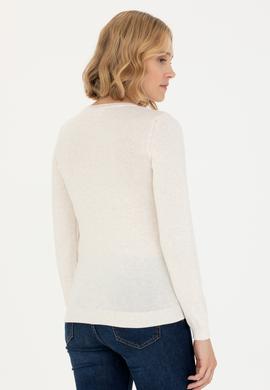 Kadın Krem Melanj V Yaka Basic Kazak - 50269018040
