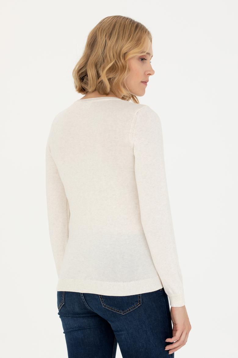 Kadın Krem Melanj V Yaka Basic Kazak - 50269018040