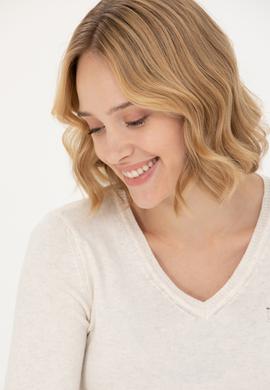 Kadın Krem Melanj V Yaka Basic Kazak - 50269018040