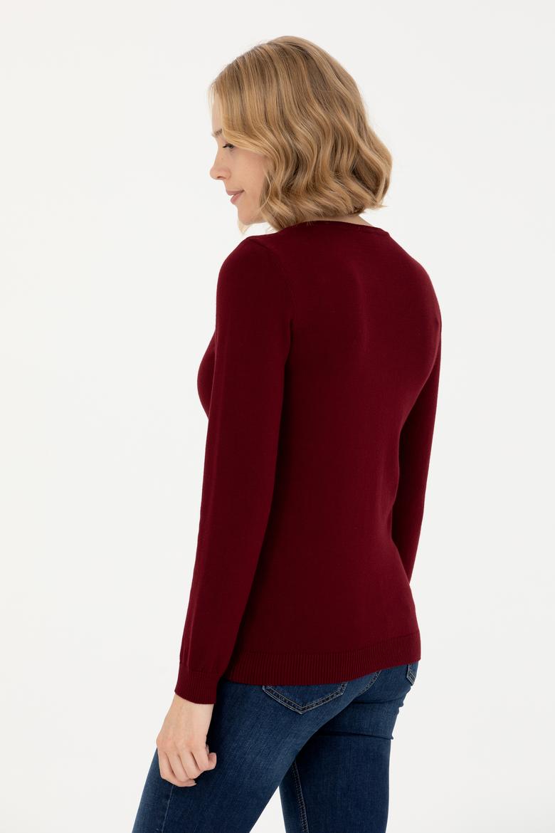 Kadın Bordo V Yaka Basic Kazak - 50269018019