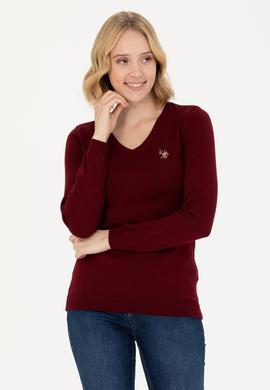 Kadın Bordo V Yaka Basic Kazak - 50269018019