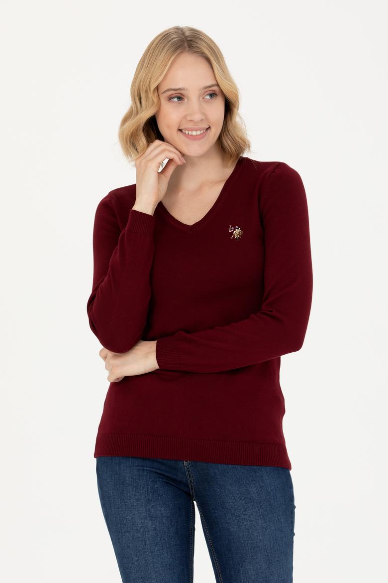 Kadın Bordo V Yaka Basic Kazak
