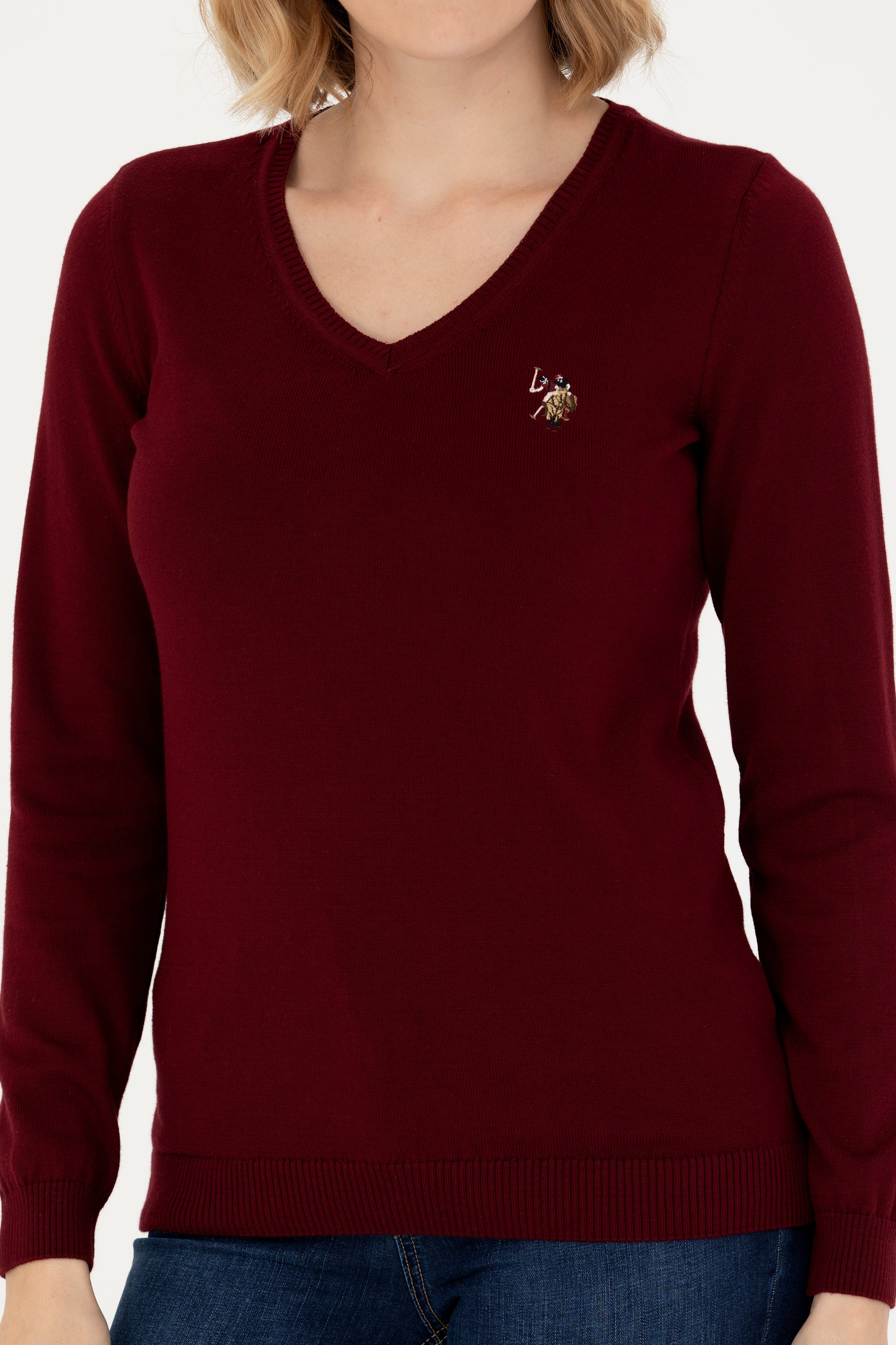 Kadın Bordo V Yaka Basic Kazak - Image 6