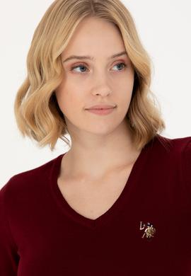 Kadın Bordo V Yaka Basic Kazak - 50269018019