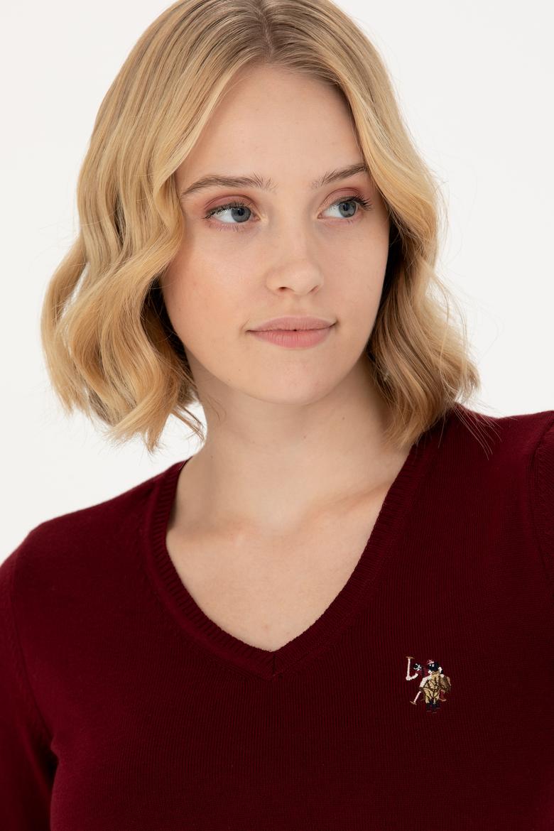 Kadın Bordo V Yaka Basic Kazak - 50269018019