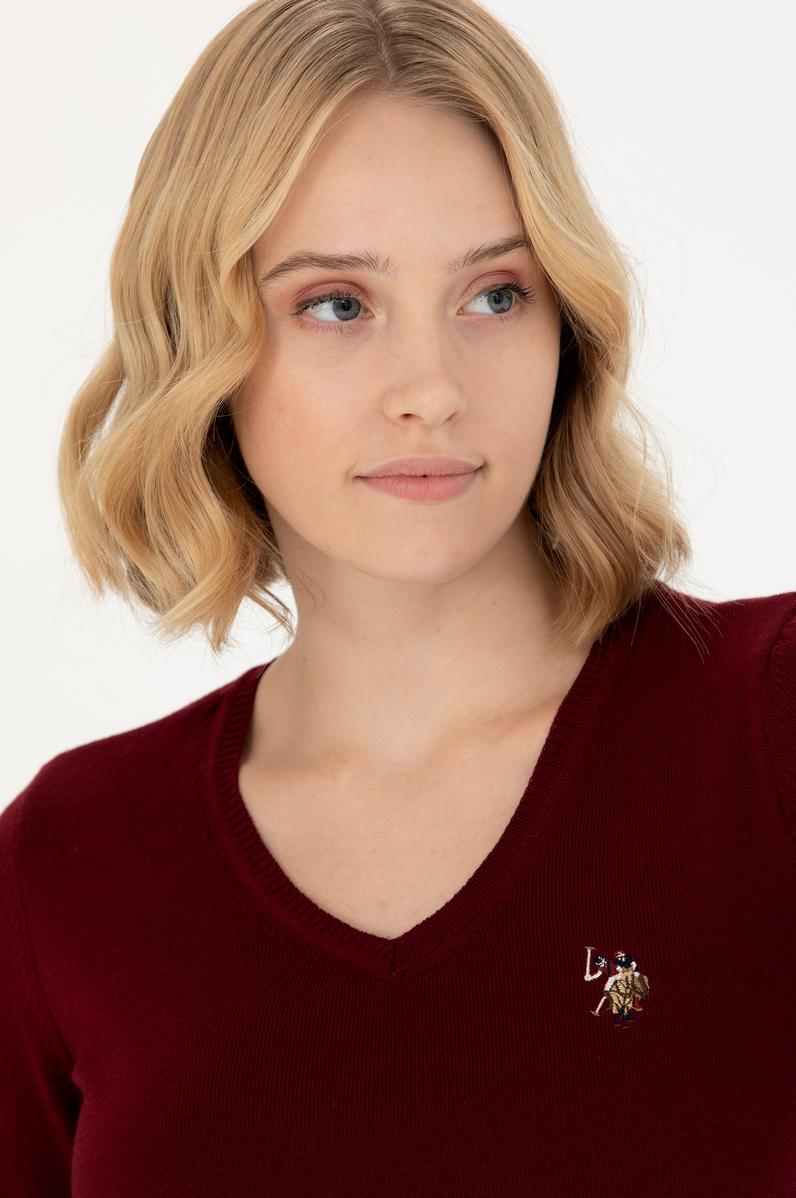 Kadın Bordo V Yaka Basic Kazak