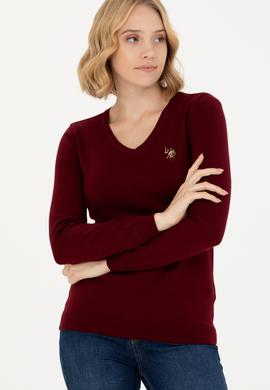 Kadın Bordo V Yaka Basic Kazak - 50269018019