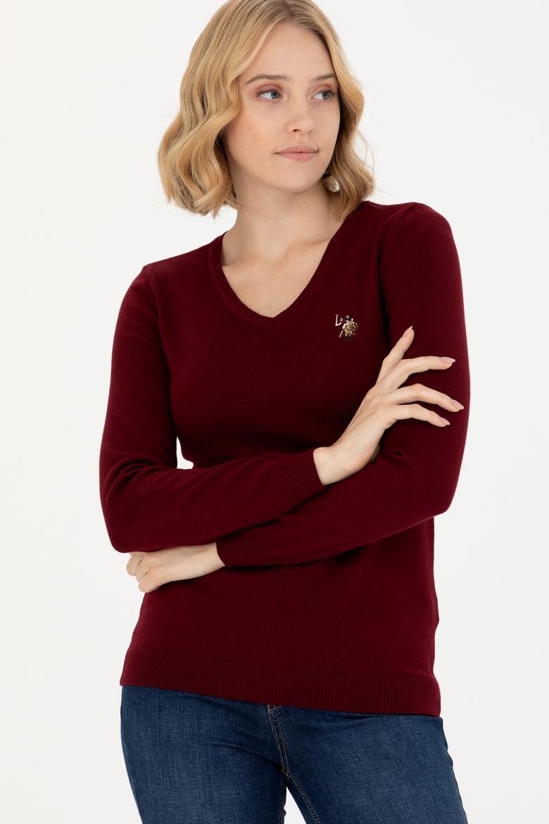 Kadın Bordo V Yaka Basic Kazak - 50269018019