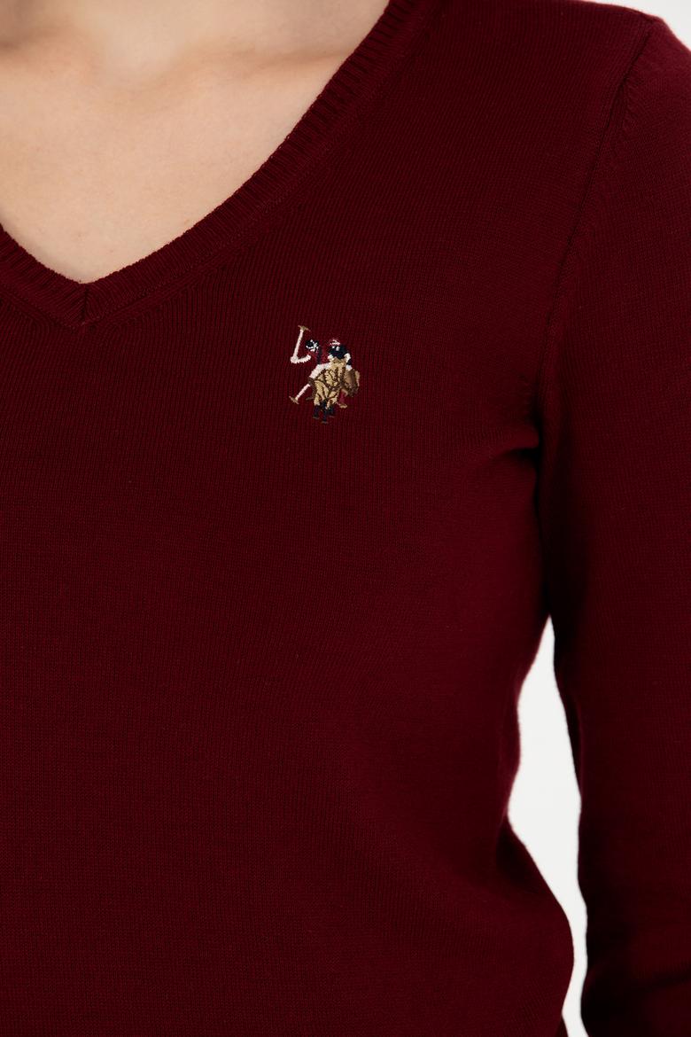 Kadın Bordo V Yaka Basic Kazak - 50269018019