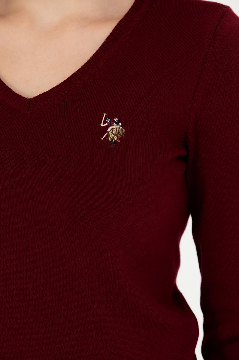 Kadın Bordo V Yaka Basic Kazak