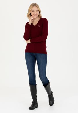 Kadın Bordo V Yaka Basic Kazak - 50269018019