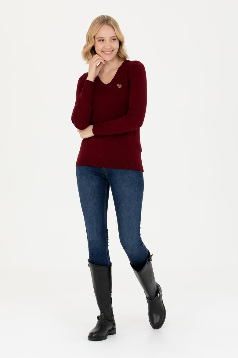 Kadın Bordo V Yaka Basic Kazak - 50269018019
