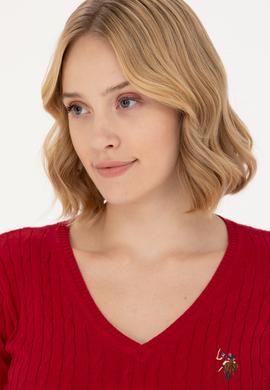 Kadın Kırmızı V Yaka Basic Kazak - 50269019032