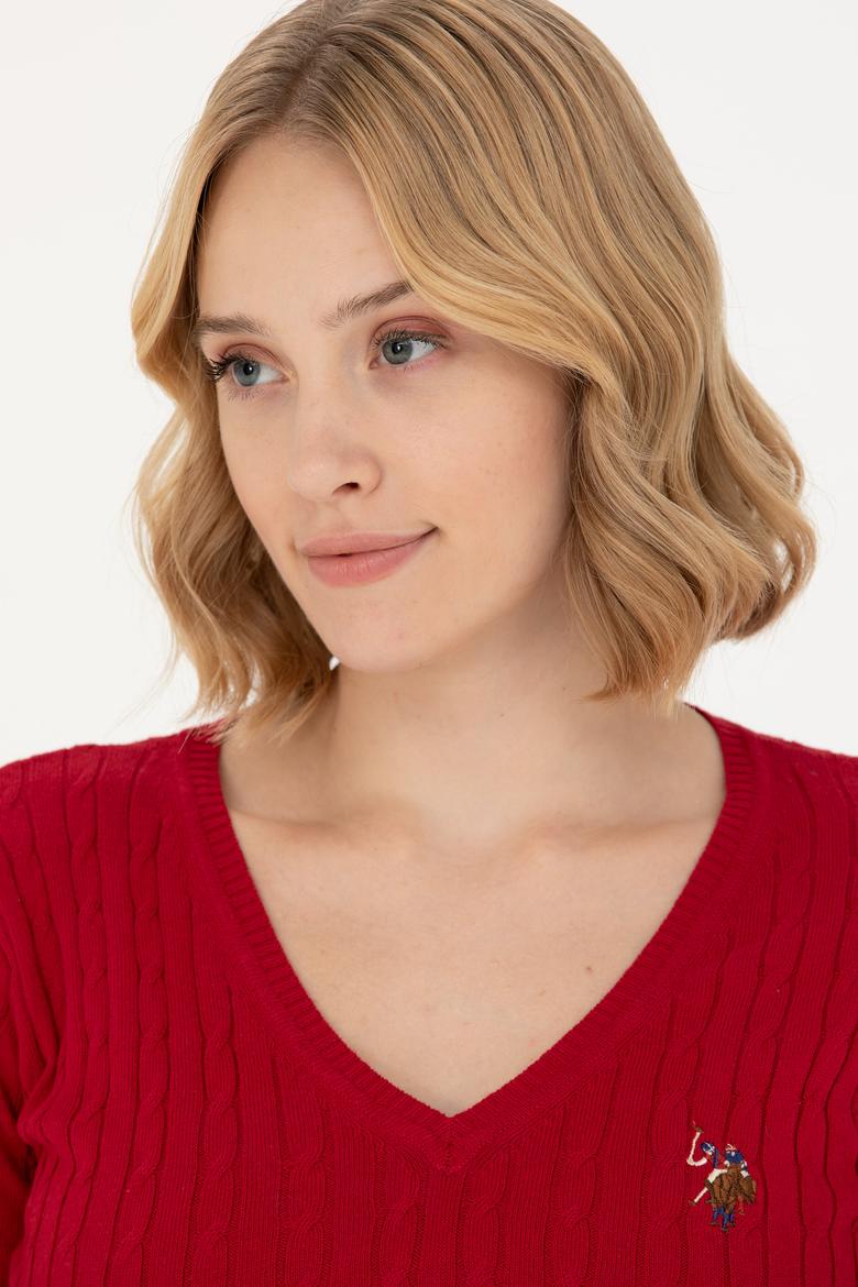 Kadın Kırmızı V Yaka Basic Kazak - 50269019032