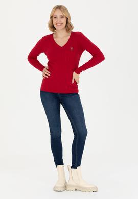Kadın Kırmızı V Yaka Basic Kazak - 50269019034