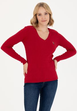 Kadın Kırmızı V Yaka Basic Kazak - 50269019032