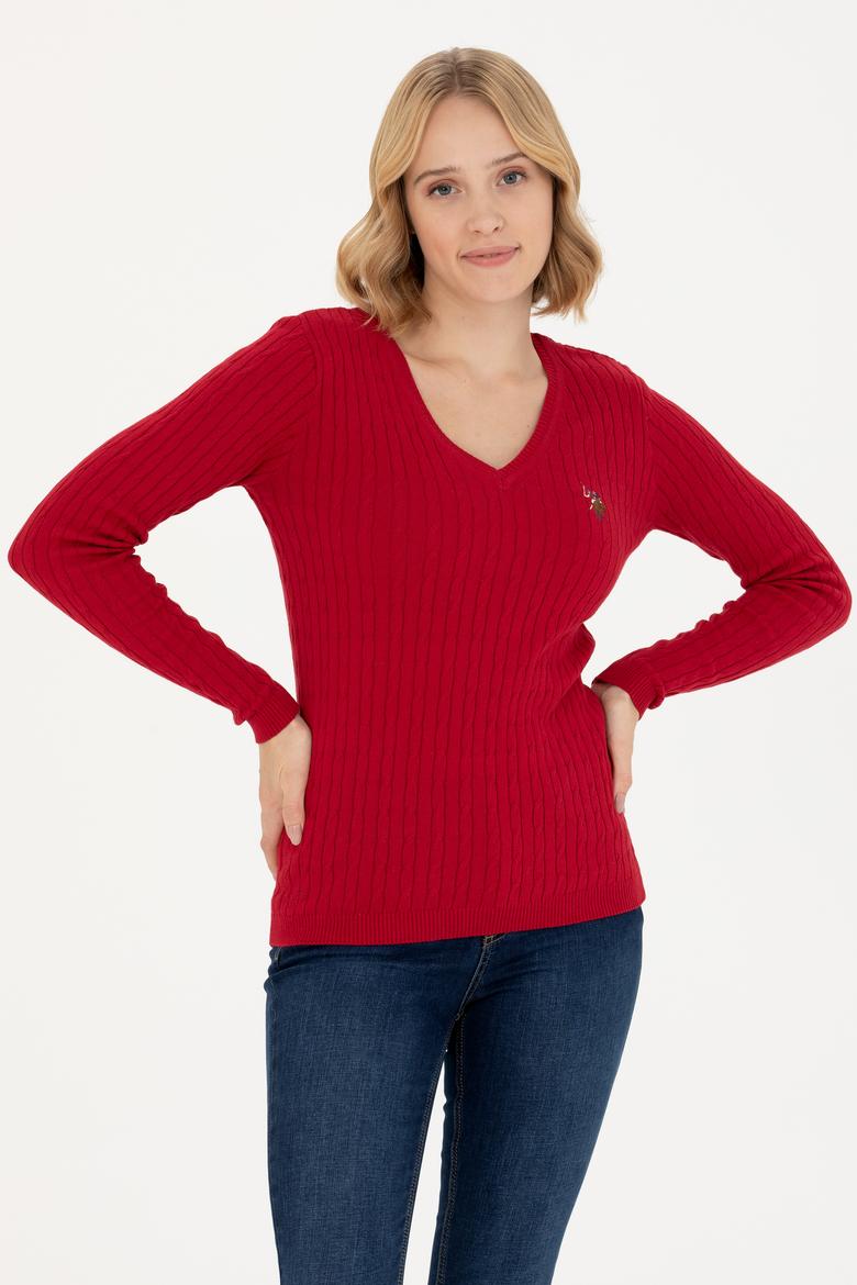 Kadın Kırmızı V Yaka Basic Kazak - 50269019032