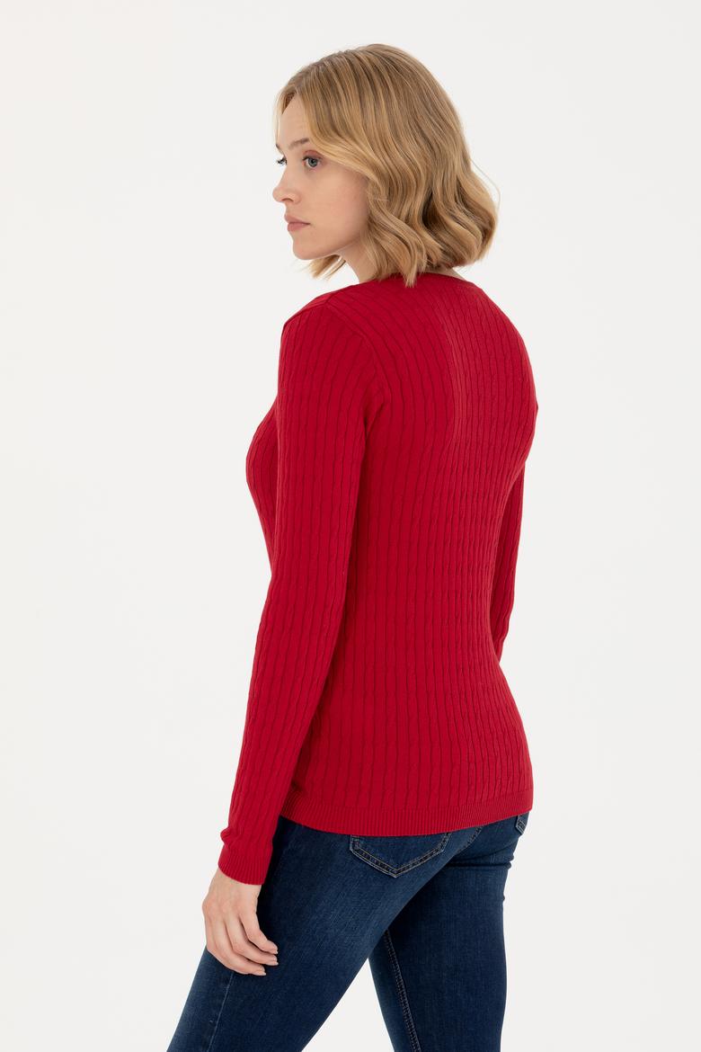 Kadın Kırmızı V Yaka Basic Kazak - 50269019032