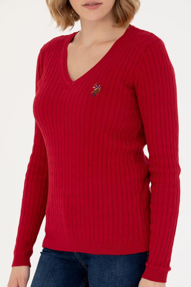 Kadın Kırmızı V Yaka Basic Kazak - 50269019032