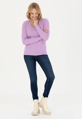 Kadın Lila V Yaka Basic Kazak - 50269019047