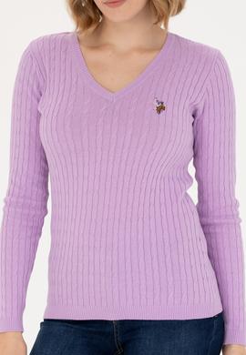 Kadın Lila V Yaka Basic Kazak - 50269019047