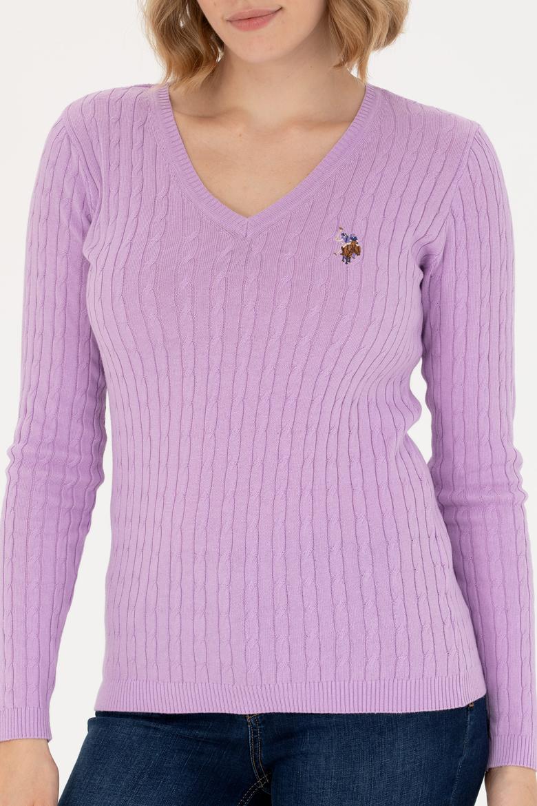 Kadın Lila V Yaka Basic Kazak - 50269019047