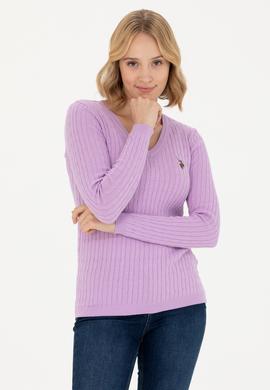Kadın Lila V Yaka Basic Kazak - 50269019047