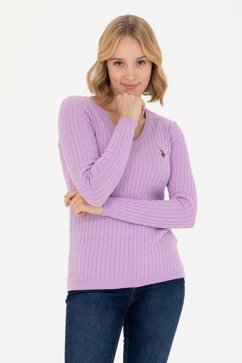 Kadın Lila V Yaka Basic Kazak