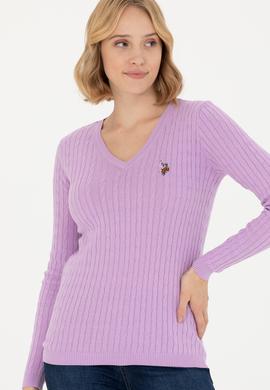 Kadın Lila V Yaka Basic Kazak - 50269019047