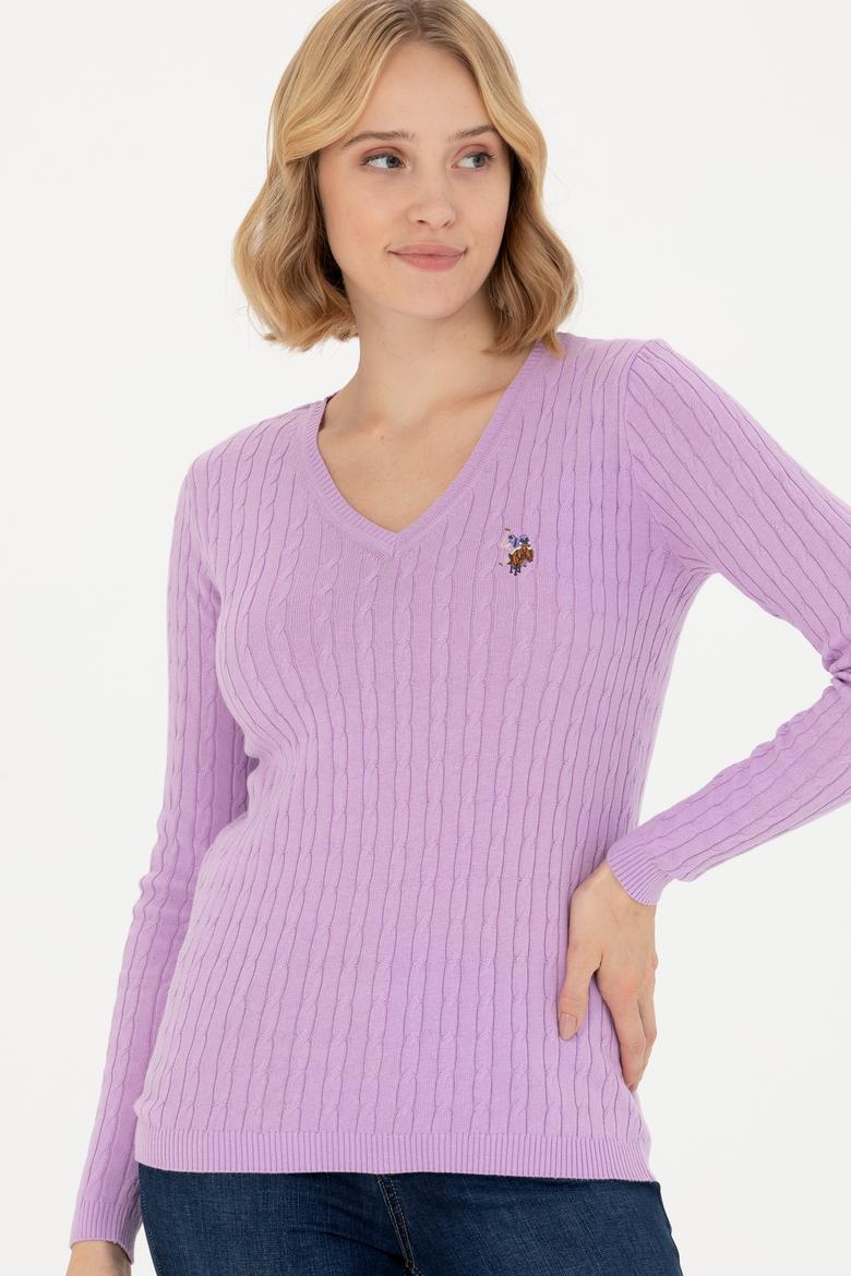 Kadın Lila V Yaka Basic Kazak - 50269019047