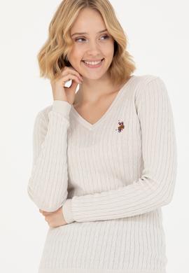 Kadın Ekru V Yaka Basic Kazak - 50269019068