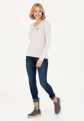 Kadın Ekru V Yaka Basic Kazak - 50269019068